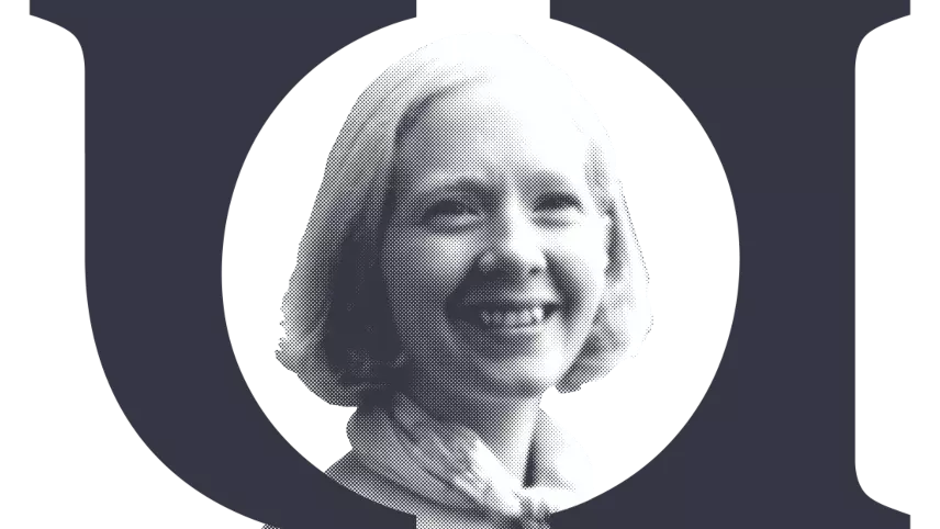halftone image of Kimberley Brownlee with the UOI logomark