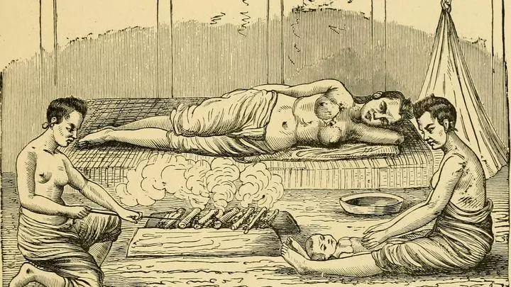 A lying-in scene in Siam, an old black and white illustration showing midwifery care in rural South East Asia	  