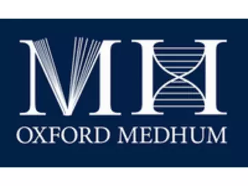 The capital letters M and H in white with book and helix detail against a dark blue background
