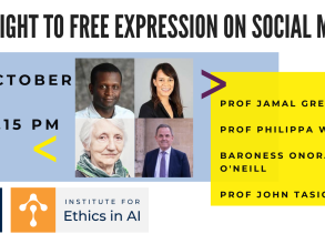 Poster for The Right to Free Expression on social media, featuring photos of the four speakers, Prof Jamal Greene, Prof Philippa Webb, Baroness Onora O'Neill and Prof John Tasioulas