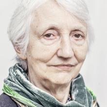 Headshot of a woman with grey hair, wearing a scarf, looking seriously towards the camera