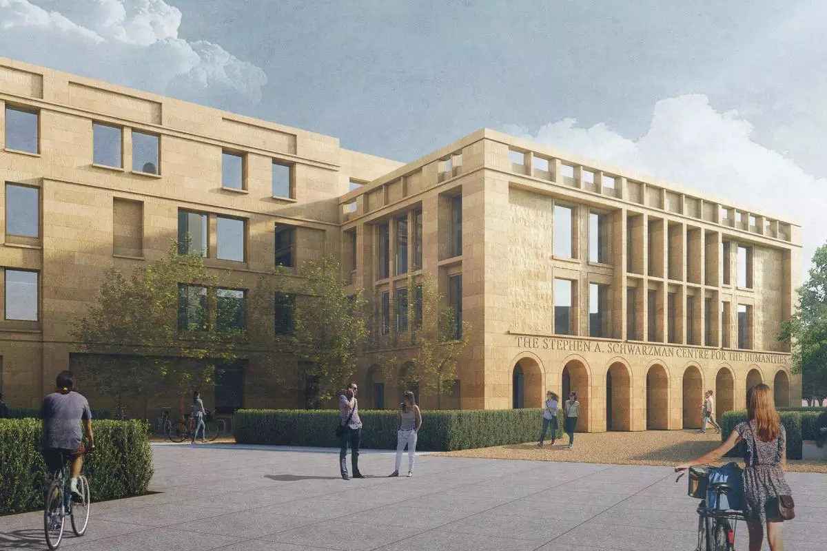 An artistic impression of the Schwarzman Centre in the daytime - it is a four-storey sandstone building with many windows and different facets.